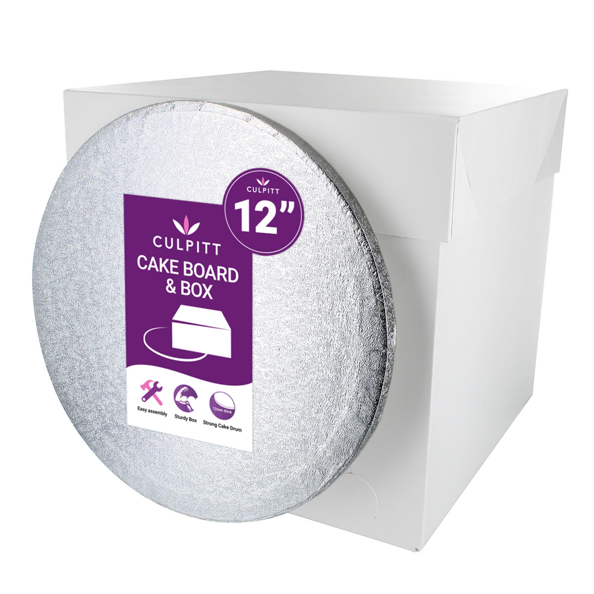 Culpitt 12" Round Silver Cake Drum Board & Tall White Box Combo, 12 x 12 x 12 Inch Square Box and Matching Circle Set for Tiered or Decorated Cake Transport
