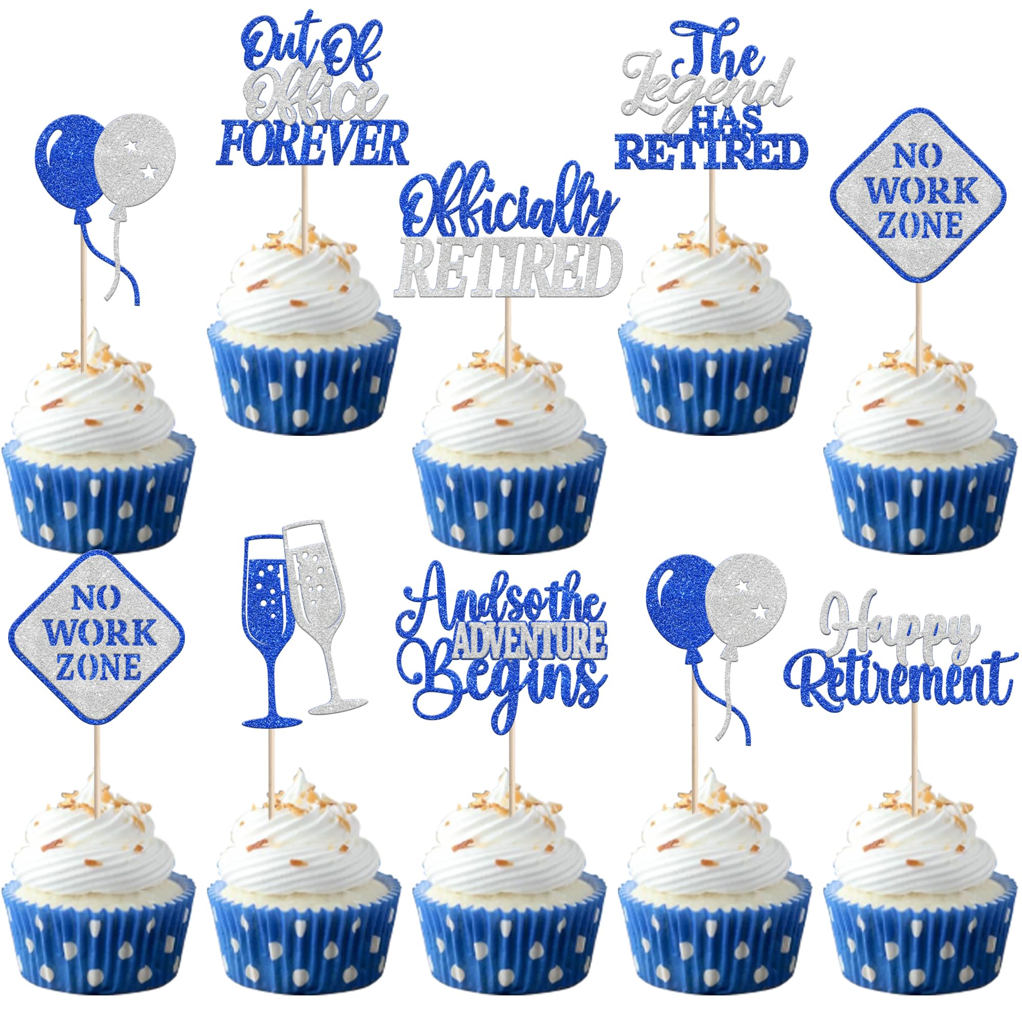24 Pack Happy Retirement Cupcake Toppers Out Of Office Forever No Work Zone Cupcake Picks The Lagend Has Retired Cupcake Decorations for Officially Retired Party Cake Decorations Blue Silver