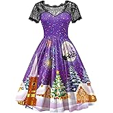 Women's Christmas Lace Short Sleeve Holiday A Line Knee Length Dress