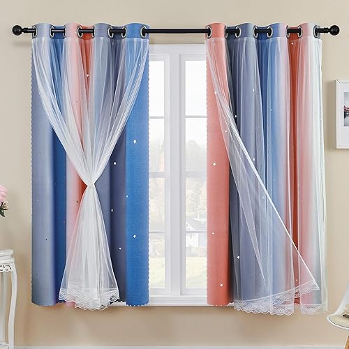 XiDi Rainbow Curtains for Bedroom, Hollowed-out Stars Decoration Thermal Insulated Net Curtains with Rings for Kids Girls Bedroom Window Treatment Pink Grey Blue 52x63 Inch