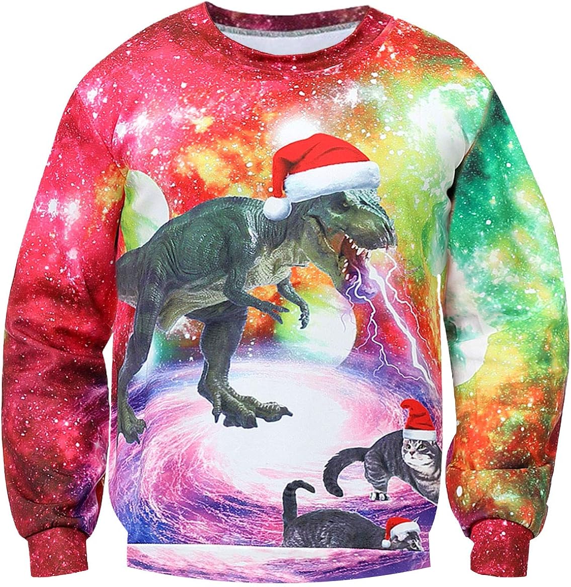 Unisex Christmas Holiday Sweater Sweatshirt Funny 3D Dinosaur Cat Santa Hat Women Men Ugly Xmas Pullover Party Sweater
