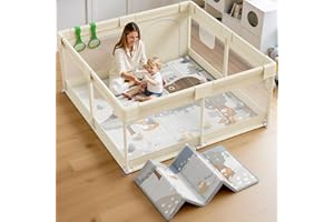 Fodoss Baby Playpen with Mat 47x47x27 in, Baby Play Pen Small Play Yard, Baby Fence Play Area Playard Activity Center (Beige)