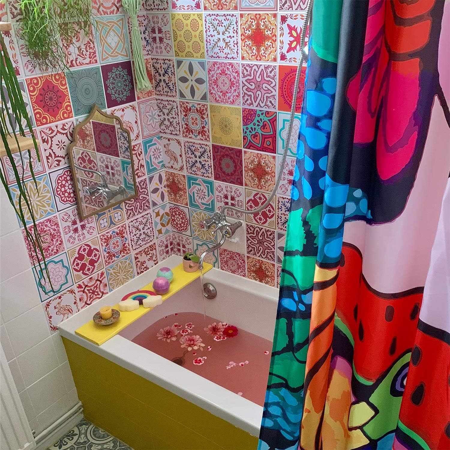 WALPLUS 72pcs 15x15cm Moroccan Mandala Red Tile Stickers Self Adhesive Waterproof Vinyl Transfers for Kitchen Bathroom Wall Splashback Decoration - Image 3