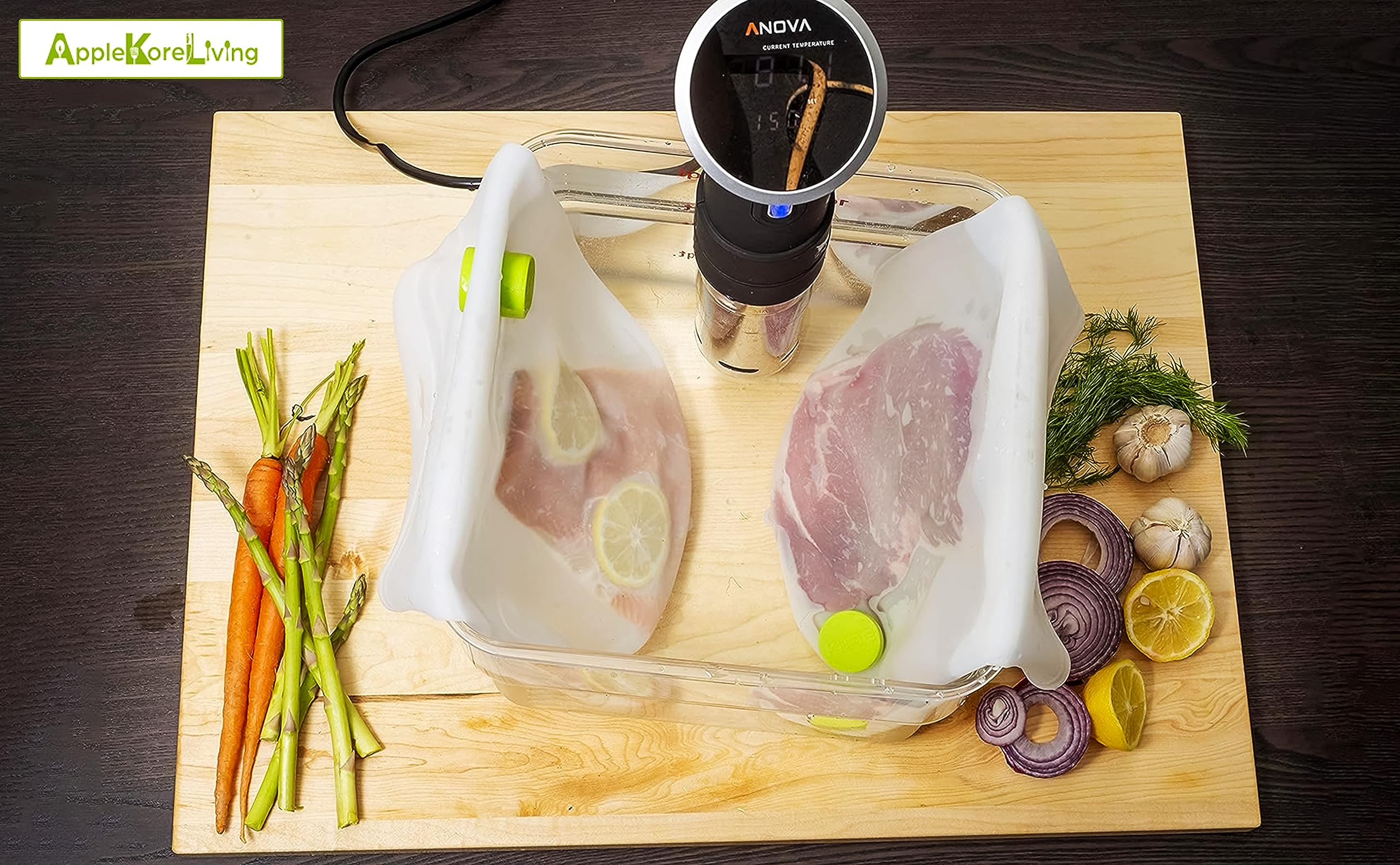 Revolutionize Sous Vide Cooking with AppleKoreLiving Sous Vide Reusable Silicone Bags | Extra Large BPA Free Set | Thinner and More Flexible than Other Reusable Vacuum Seal Bags