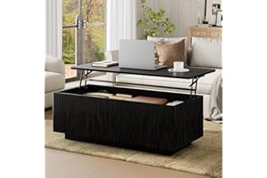 FABATO Mid Century Modern Coffee Table, Wooden Fluted Center Table with Large Hidden Compartment, 41.7” Rectangle with Round 