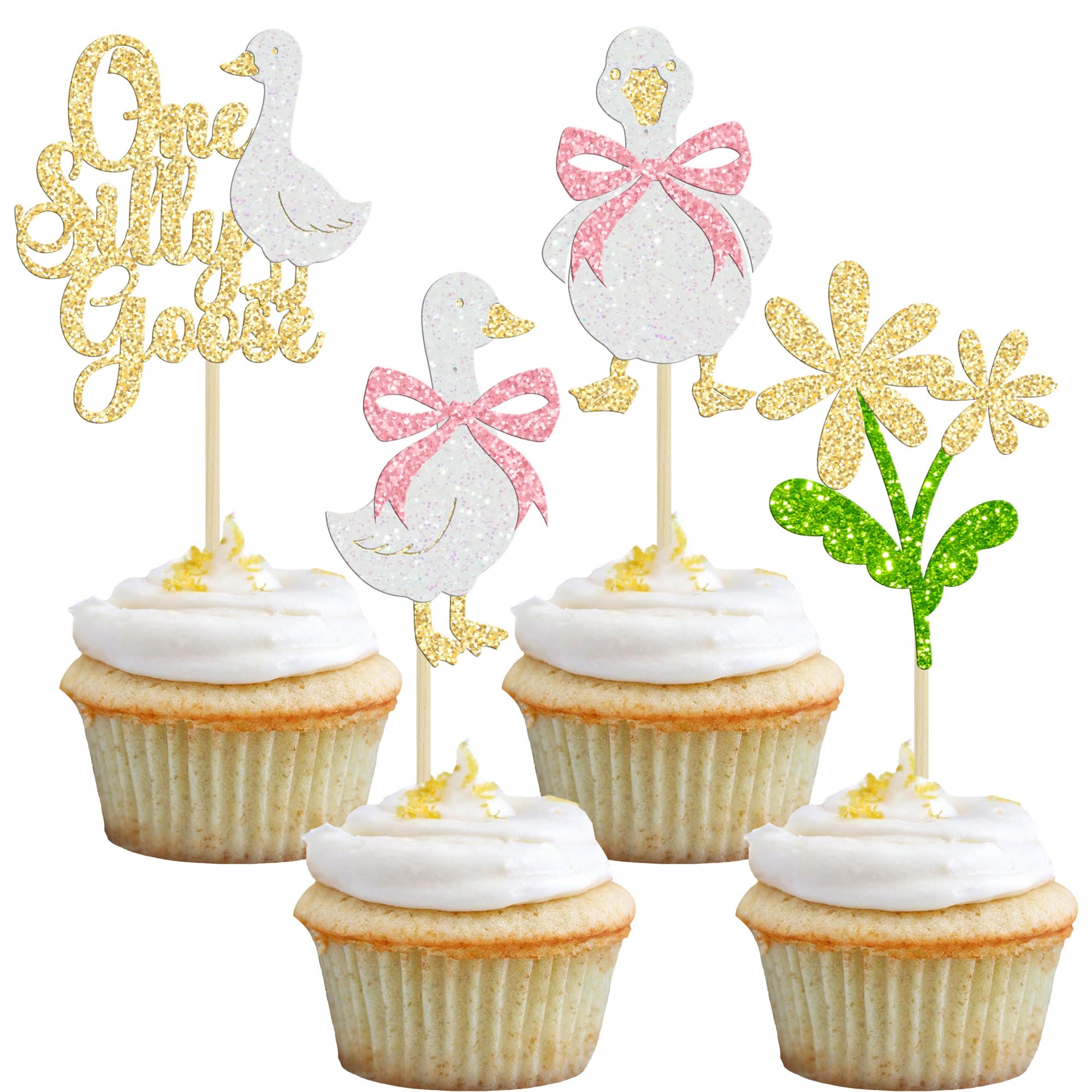 Ephlyn 24Pcs One Silly Goose Cupcake Toppers 1st Birthday Cupcake Picks Silly Goose Birthday Decorations for Baby Shower Boys Girls First Birthday Party Supplies Muti Gold