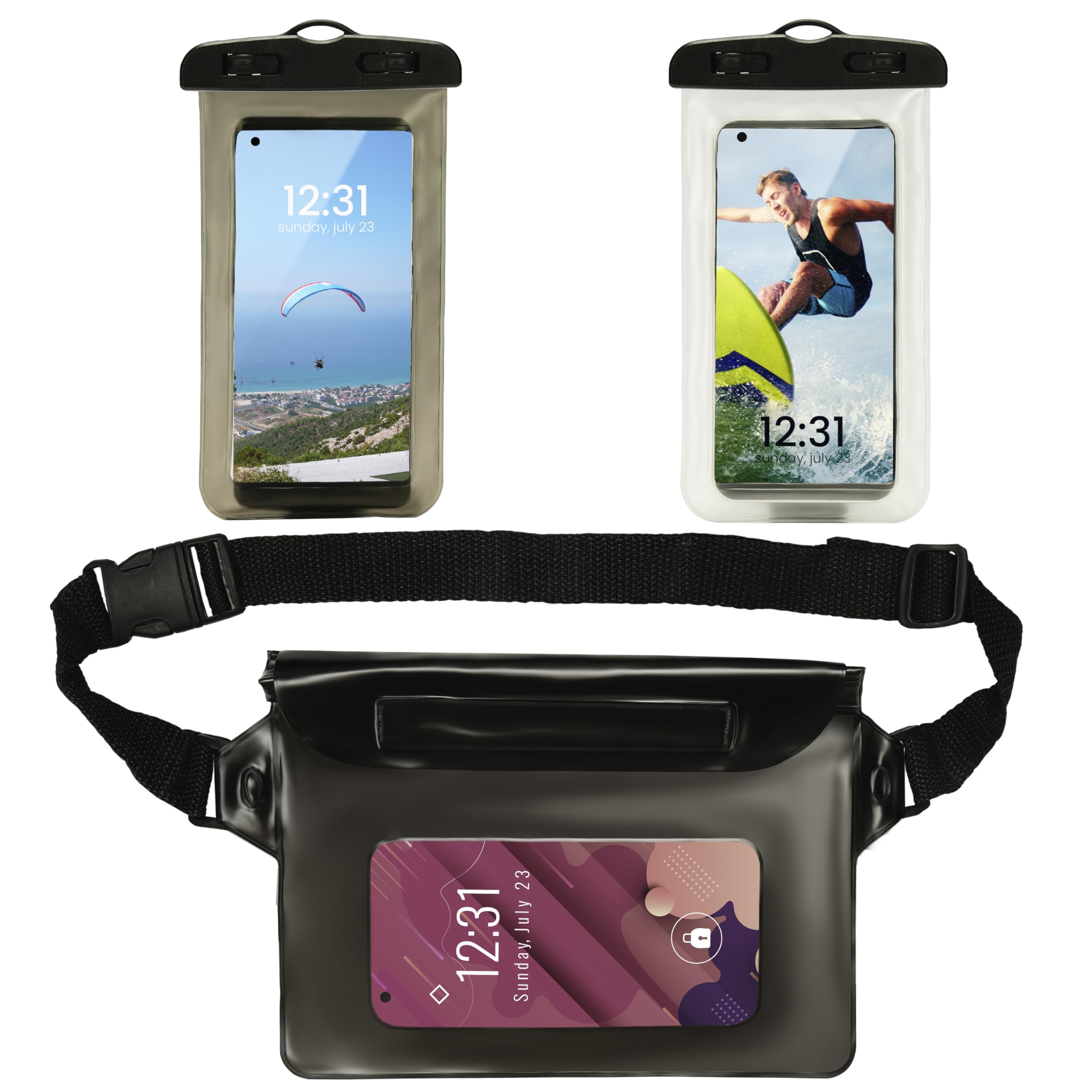 BELLE VOUS Set of 2 Waterproof Phone Pouches and 1 Bag with Straps - Universal Cellphone Protection Dry Cases with Lanyards - Underwater Bags for Swimming, Boating, Beach, Kayaking, Hiking & Fishing