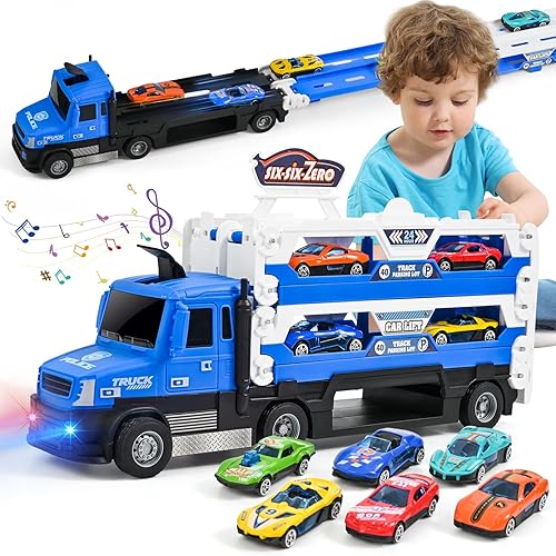 MOONTOY Car Transporter Toy for Boys, 55 Inch Foldable Ejection Race Track and 6 Race Cars toys, Transport Truck Toy with Lights & Sounds, Car Track Toys Gifts for 3 4 5 6+ Years Old Boys Girls