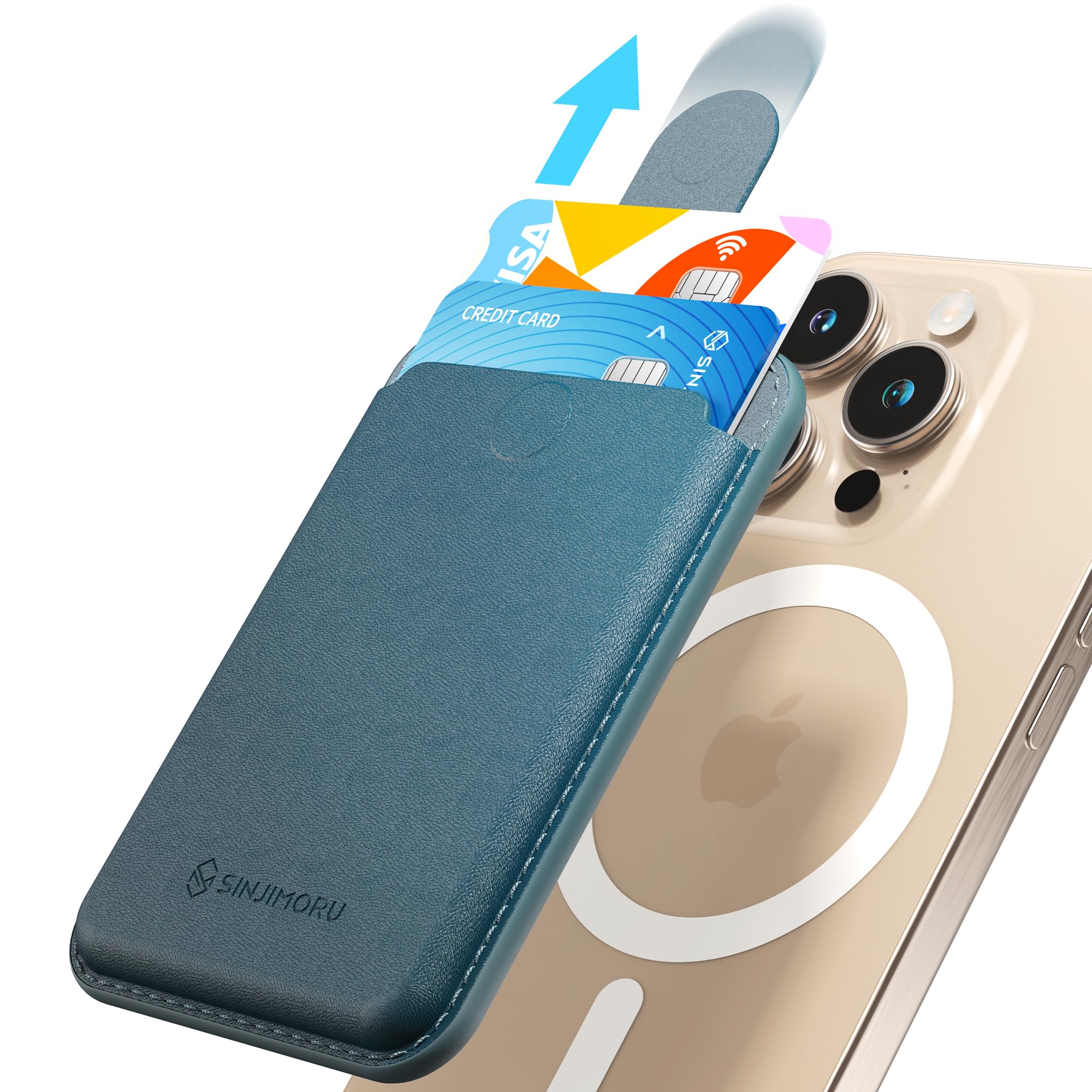 Sinjimoru Magnetic Card Holder for iPhone, Vegan Leather, Compatible with MagSafe, M-Pull Tab Wallet - Marine Blue