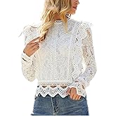 aromm Women's Hollowed Lace Blouse Soft Long Sleeves Ruffle Trim Elegant Shirt Tops