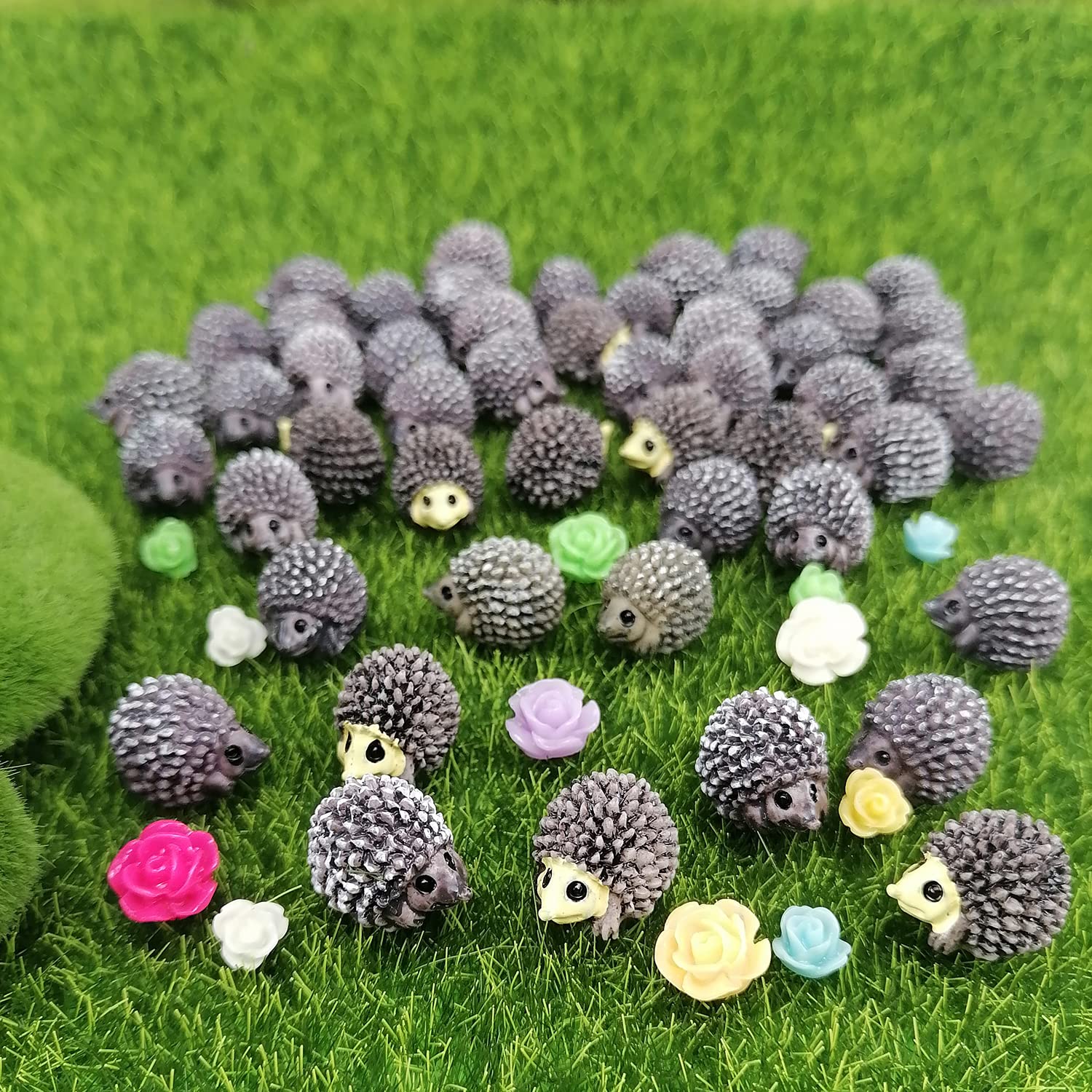 Photo 1 of **MISSING PIECES** JKanruh 50 Pcs Mini Animals Miniature Resin Hedgehog with Mini Resin Flowers,Fairy Garden Moss Landscape Ornaments for Outdoor Decoration,Home Décor