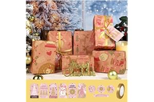 Christmas Wrapping Paper Roll Kraft Wrapping Paper Christmas With Ribbon and Gift Tags, Vintage Xmas Packaging Paper Roll Set