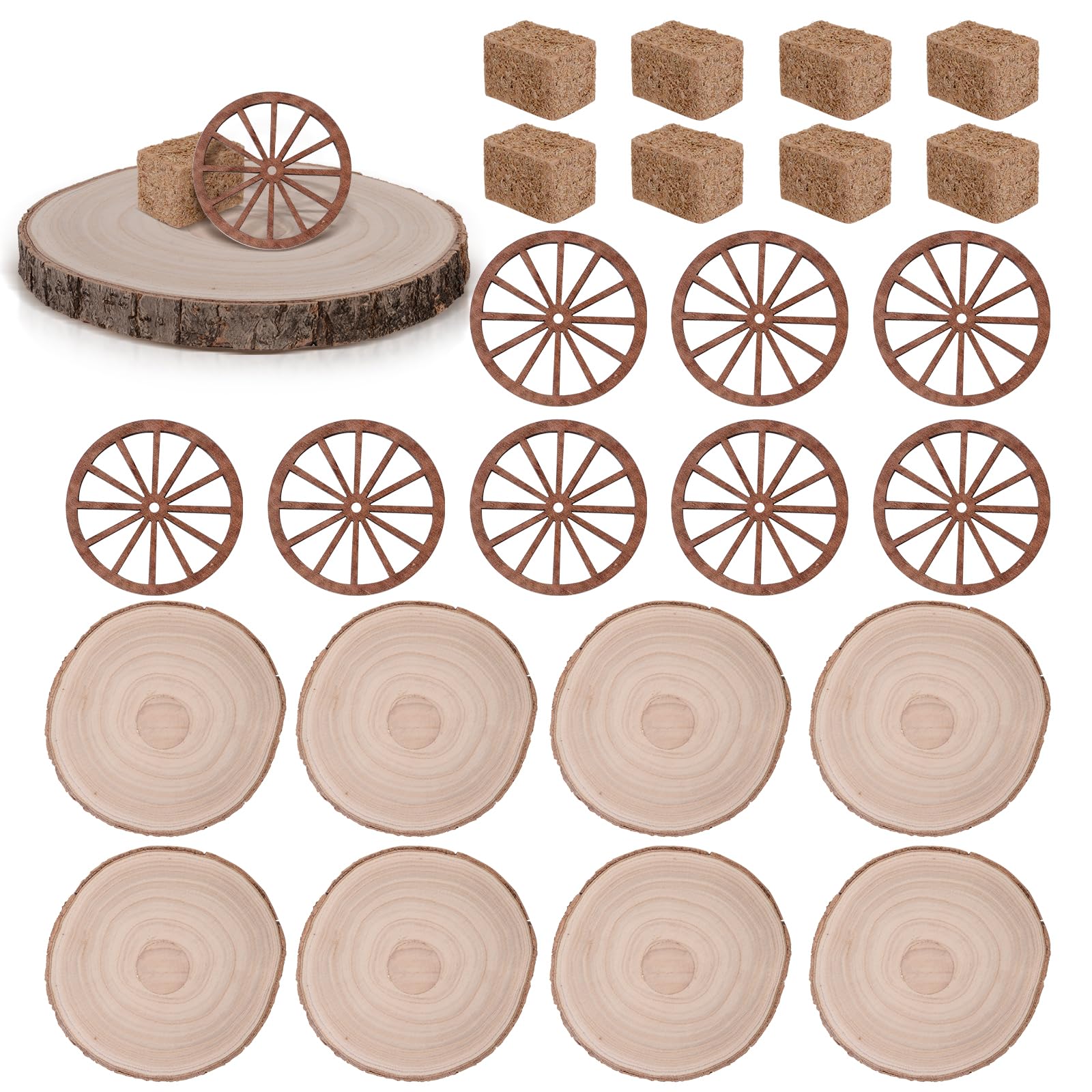 Photo 1 of 24PCS Western Party Decorations Mini Cowboy Centerpieces Wagon Wheel Crafts Wooden Plate Mini Hay Bales Vintage Table Centerpieces Supplies for Western Cowboy Theme Birthday Wedding Party Favors Decor