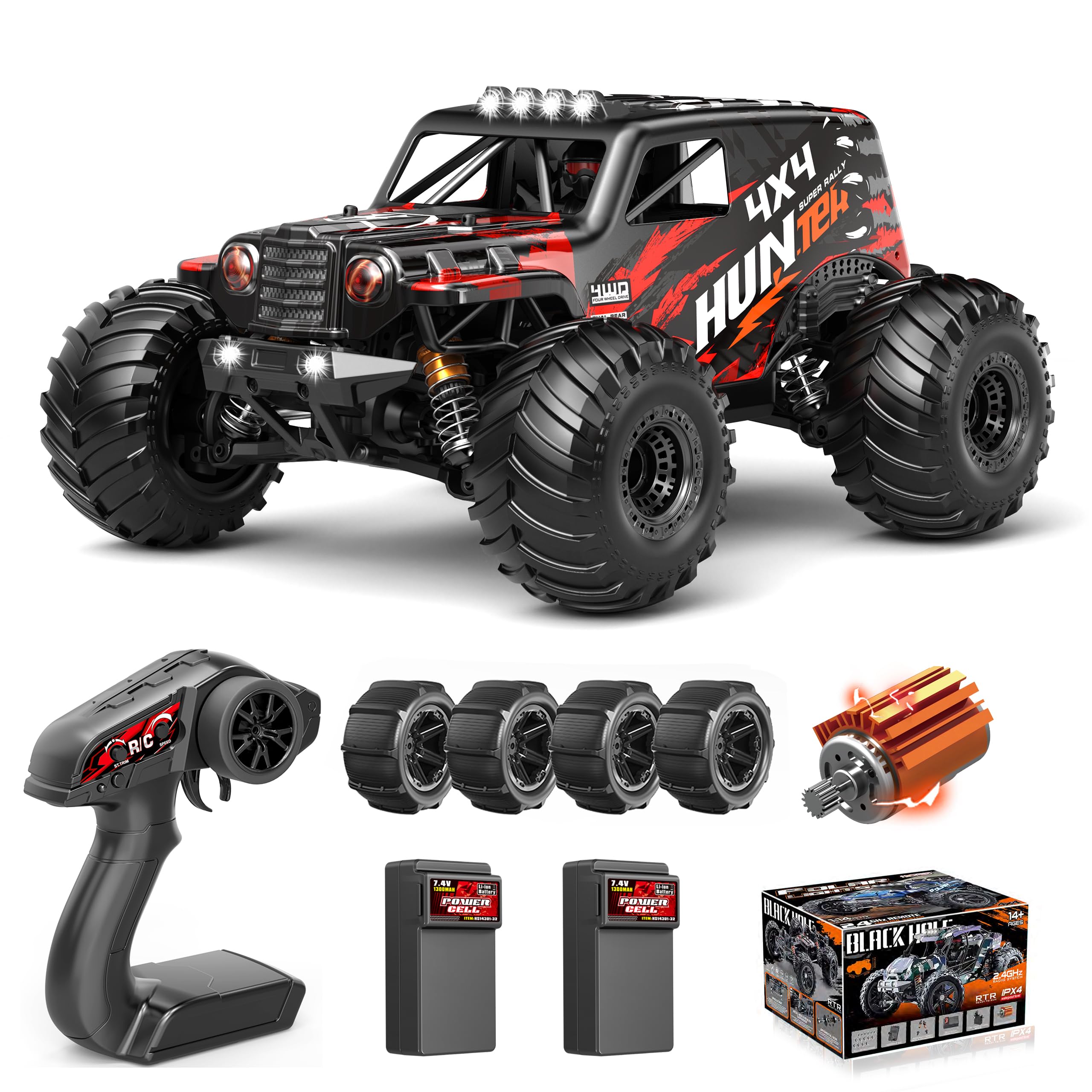 YESHIN 1:14 Fast RC Car for Adults, Max 40+ mph Off-Road Truck, 4WD Waterproof, 6 Lightning Modes, High Speed Remote Control, All Terrain Truggy, Red