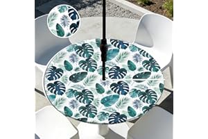 Round Outdoor Tablecloth with Elastic 34-42 inch Tropical Palm Leaf Round Fitted Tablecloth with Umbrella Hole Waterproof Oil