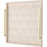 Large Ottoman Tray for Coffee Table,Square Shagreen Leather Decorative Tray with Gold Handles for Living Room Decor