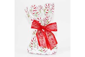 Saybrook Products Candy Canes Christmas Holiday Cellophane Treat Party Favor Bags with Twist-Tie Organza Bow. Set of 10 Ready-to-Use, Gussetted 11x5x3 Goodie Bags with Red Bows.