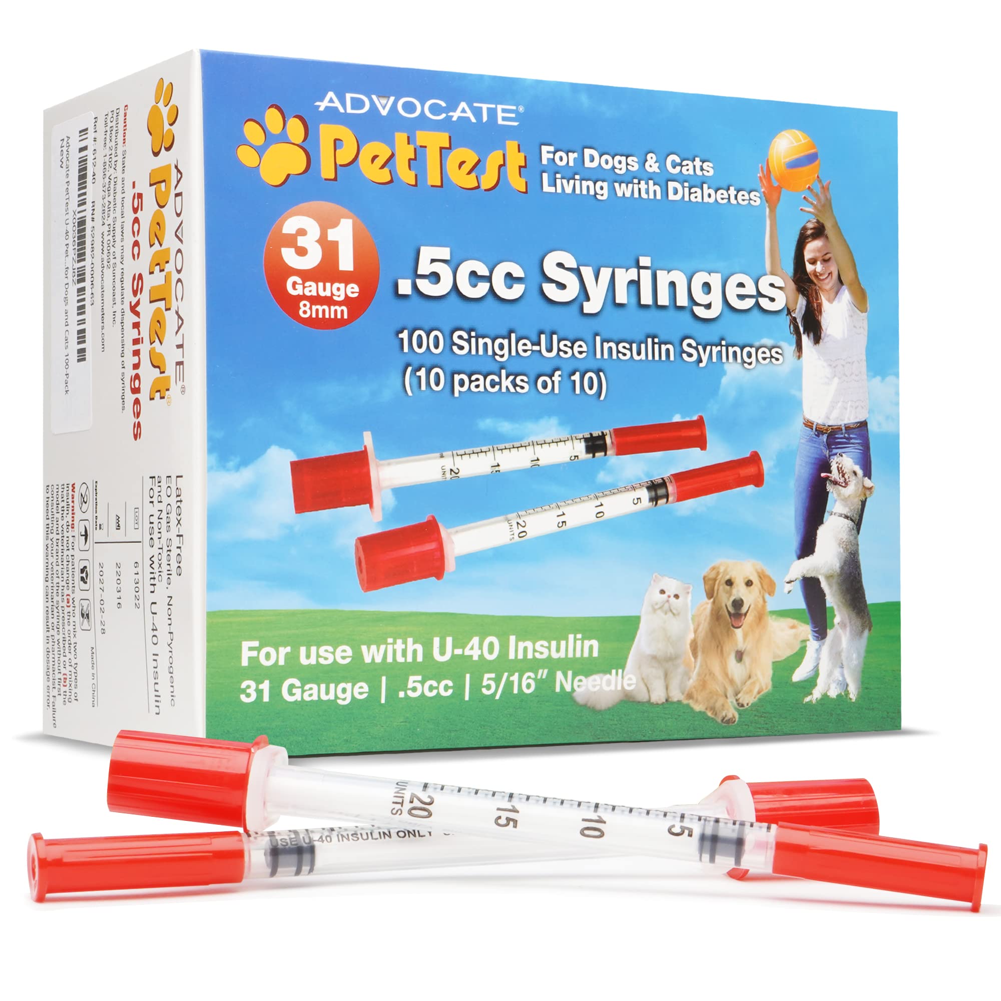 PetTest U-40 Pet Insulin Syringes 0.5CC 31G, 5/16 Inch Long Needles, Comfortable Thin 31 Gauge, For Cats and Dogs, Pets Diabetic Supplies, 100 Pack