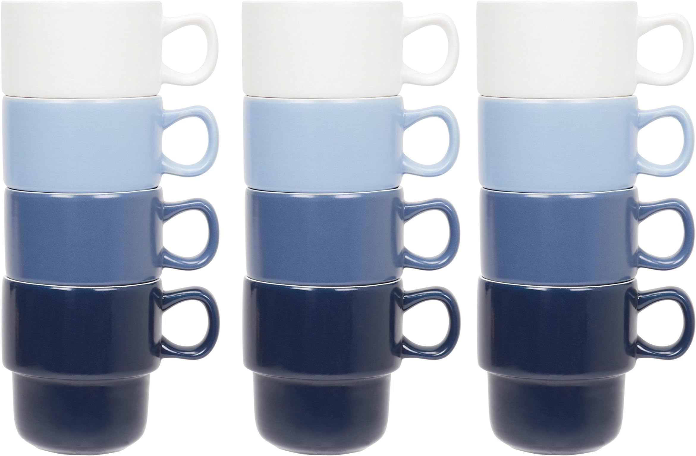 Compact Living Dinnerware - Set of 12 Stackable Mugs - 3 White, 3 Light Blue, 3 Mid Blue and 3 Dark Blue - 9cm