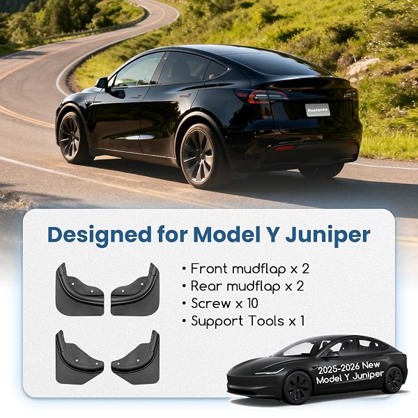 2025 NEW TESLA MODEL Y JUNIPER MUD FLAPS, 4 PCS UPGRADED ALL WEATHER MUD GUARD, NO TAPE, NO DRILLING TIRE PROTECTOR PAINT MUDFLAPS, TESLA EXTERIOR ACCESSORIES COMPATIBLE WITH REFRESH MODEL Y 2025-2026