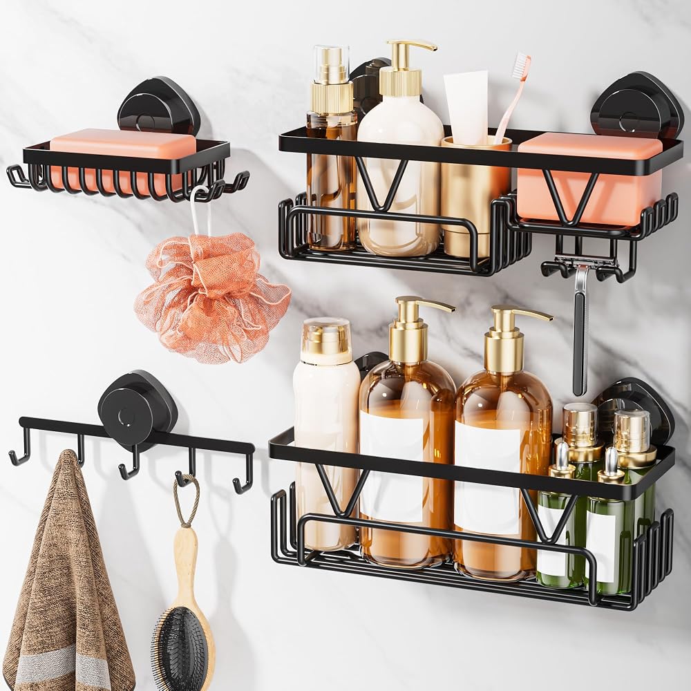KEGII Suction Cup Shower Caddy 4-Piece Set with 2 Caddies Soap Holder Hooks