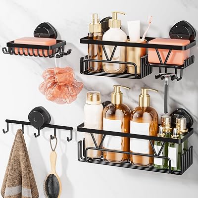 KEGII Suction Cup Shower Caddy 4-Piece Set with 2 Caddies Soap Holder Hooks