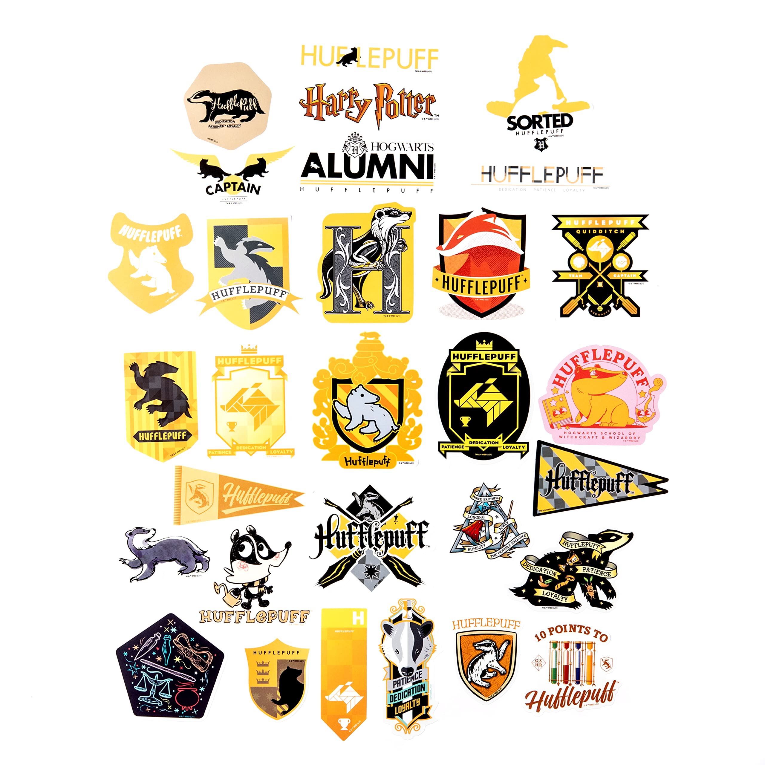 Harry Potter Hufflepuff Hogwarts House Vinyl Sticker Decal Pack, 60-Count, 5 Hologram Stickers, Waterproof, UV & Scratch-Resistant, Decals for Laptops, Water Bottles, Notes & More, Officially Licensed