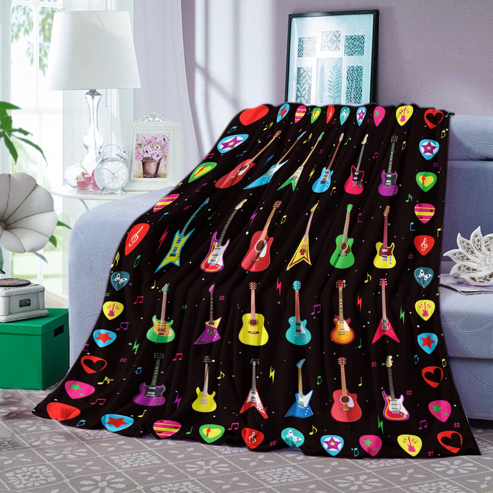 Domgoge Gifts for Guitar Lovers, Soft Cozy Throw Blanket, Electric Lover Fleece Flannel, Acoustic Rock and Roll Musical Music Ideas Guitarist Lounge, 130x152 cm