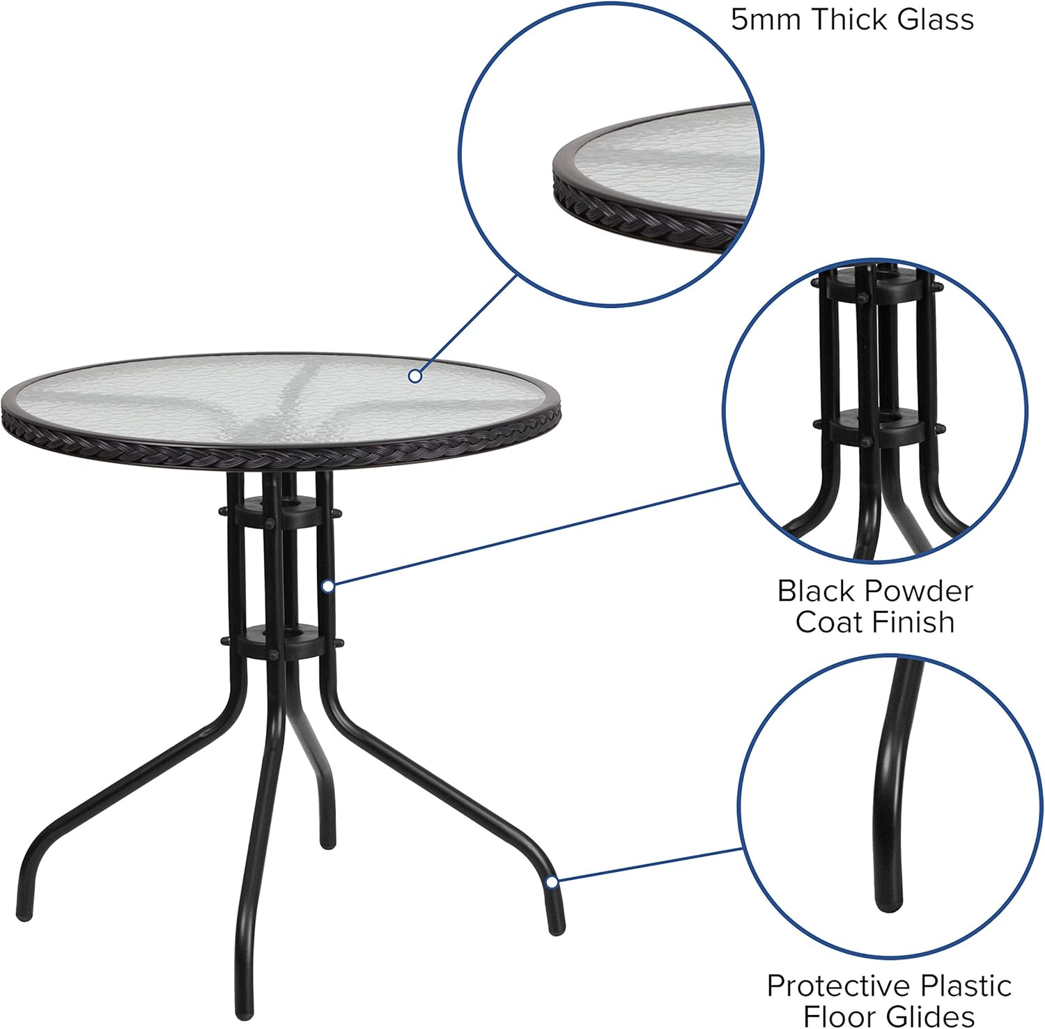 Flash Furniture 28'' Round Tempered Glass Metal Table with Black Rattan Edging: Furniture & Decor