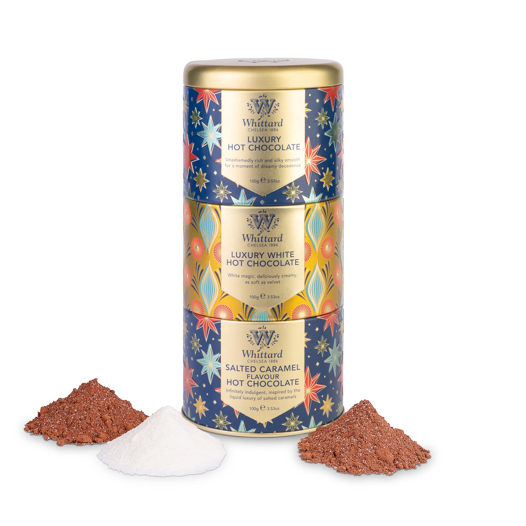 Whittard of Chelsea | Three Gift Hot Chocolate Tower Stacking Tin | Gift Set For Men & Women | Luxury White & Salted Caramel Flavoured Hot Chocolates | 3 x 100g Tins