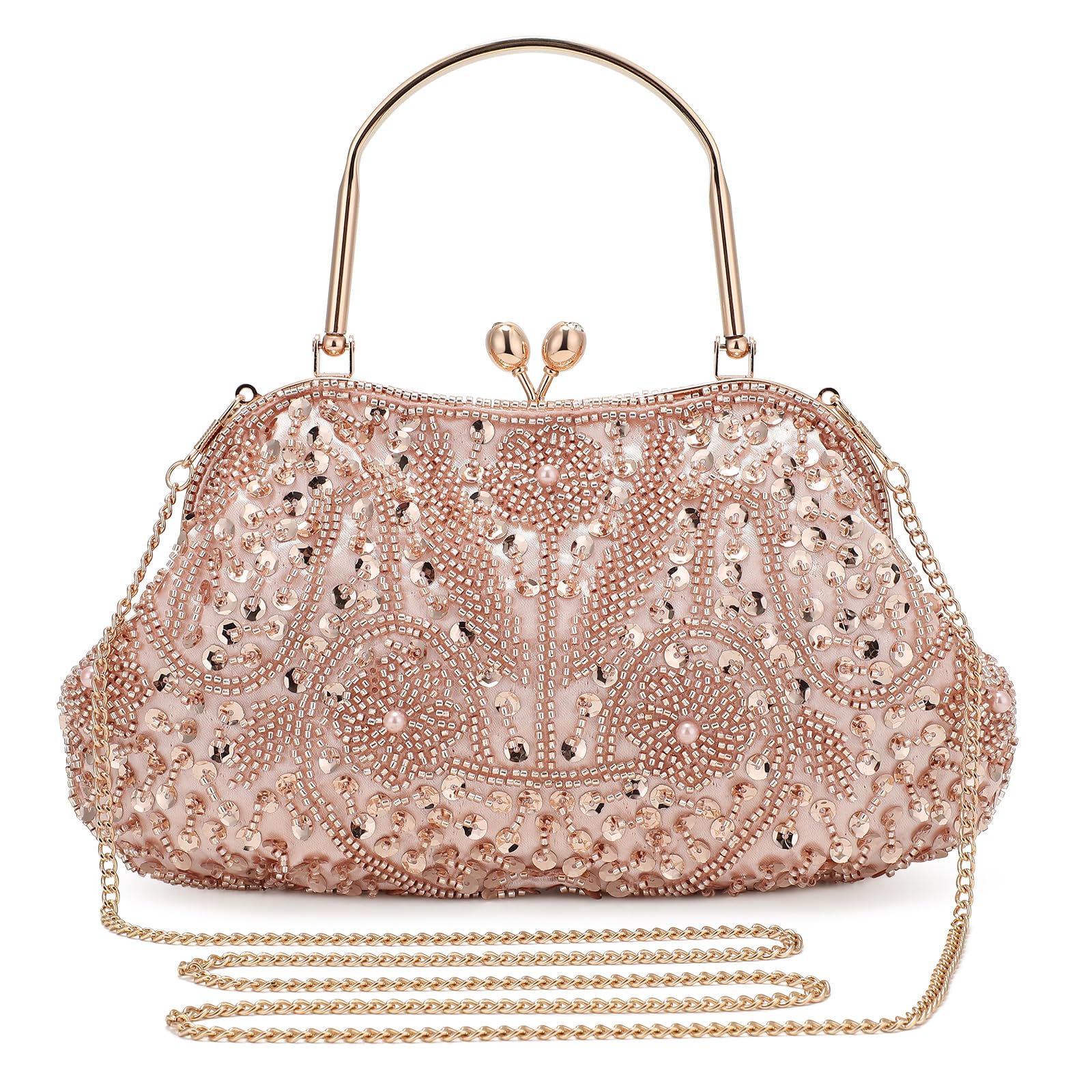 Photo 1 of UBORSE Women's 1920s Vintage Clutch Purse Beaded Evening Bag Soft Sequin Top-Handle Handbag Clutch for Wedding Peach/Apricot