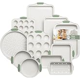 11-Piece Non-Toxic Baking Set, Stackable Nonstick Cookware, White&amp;Green | Bakeware Set with Heat-Resistant Handles - Includes Cookie Tray, Round Cake Pan, Muffin Cups, Pizza Pan &amp; Loaf Baker