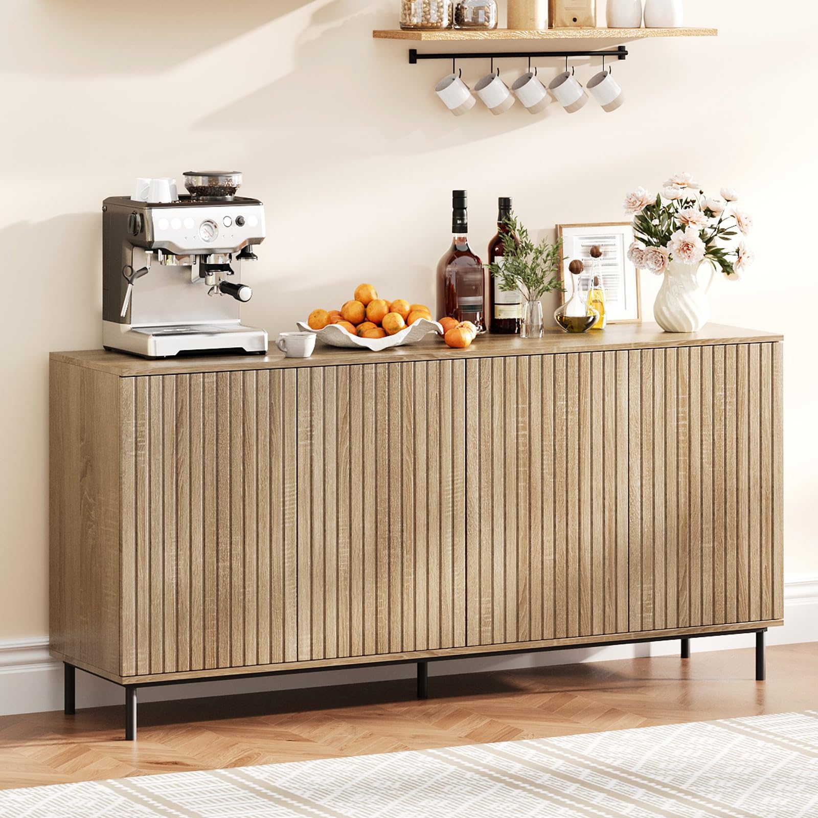 Photo 1 of 63" Fluted Sideboard Buffet Cabinet with 4 Doors, Modern Accent Storage Cabinet with Adjustable Shelves and Metal Legs, Console Table Coffee Bar Credenza for Living Room Dining Room- Natural Oak