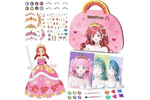 GIRLSHOME 3 in 1 Dress Up Game Set Princess Fantasy- DIY Kids Paper Makeup Crafts Toy Kit with Princess Makeup Kit,Diamond Painting,Dress Up Stickers,Gifts for 4 5 6 7 8 Year Old Girls