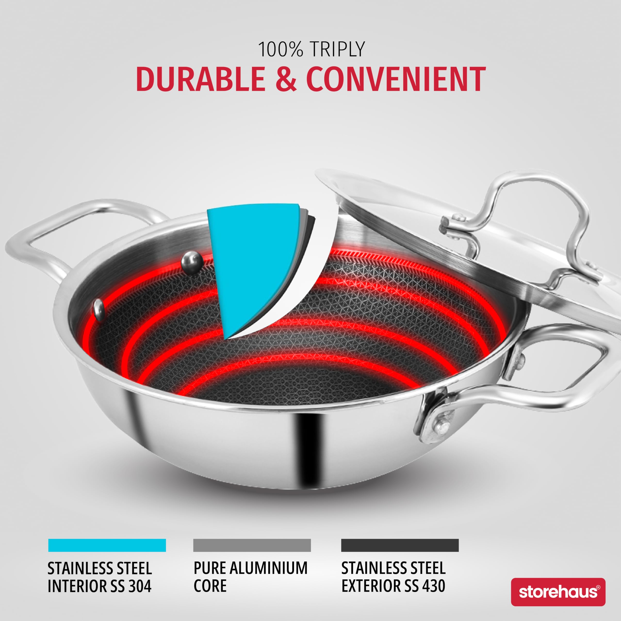 Storehaus Triply Stainless Steel Non Stick Kadai Honeycomb Surface with Lid, 2 L, 22 cm, Ideal for Curry/StirFry/DeepFry, Broad Hold Handles, Spatula Friendly, Induction & Gas Safe, 2 Years Warranty. 4
