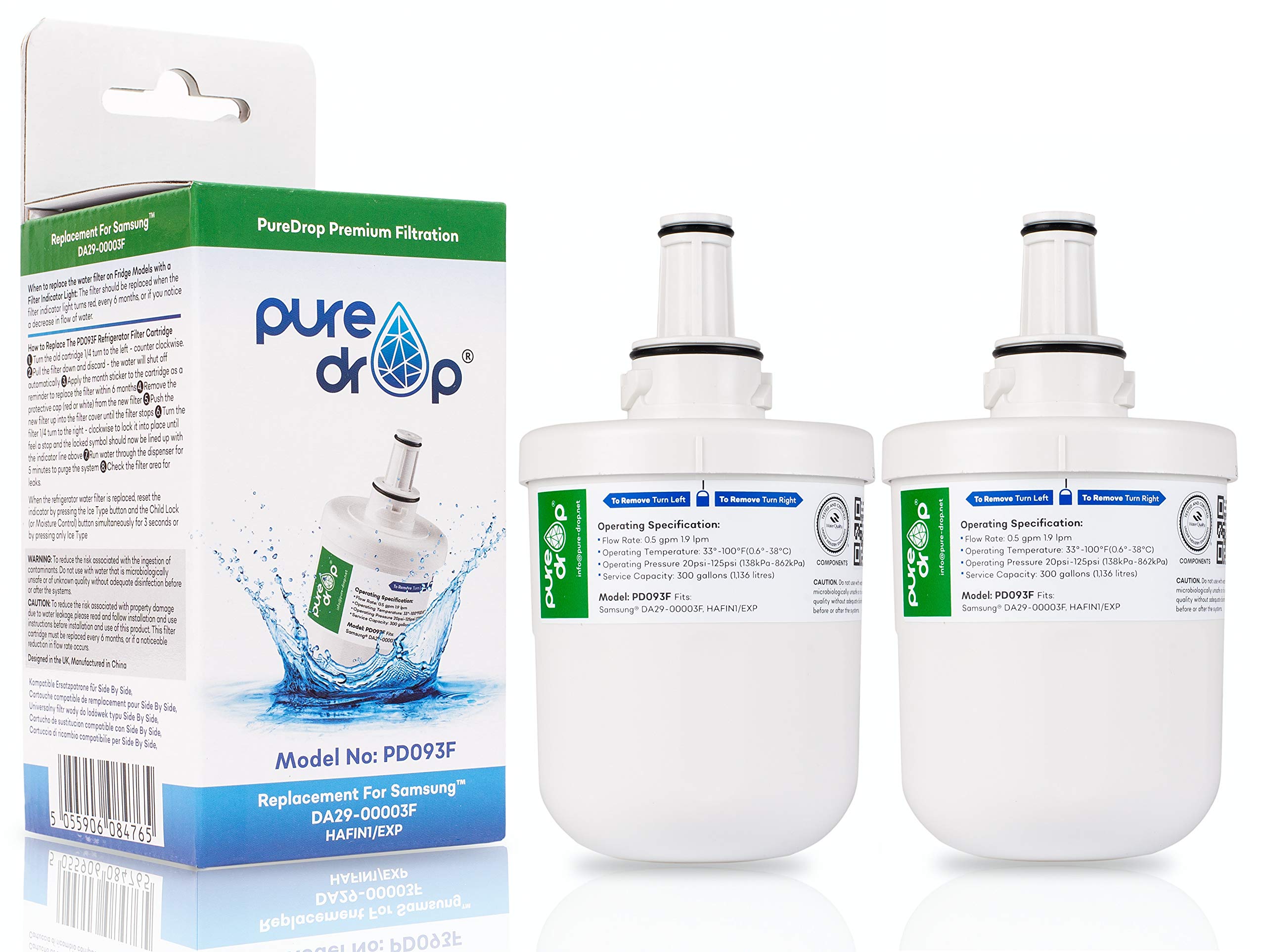 PureDrop PD093F Compatible Fridge Filter Fits Samsung DA29-00003F DA29-00003B DA29-00003G Aqua Pure Plus HAFIN1/EXP DA97-06317A Fridge Freezer Ice & Water Filter (2 Pack)