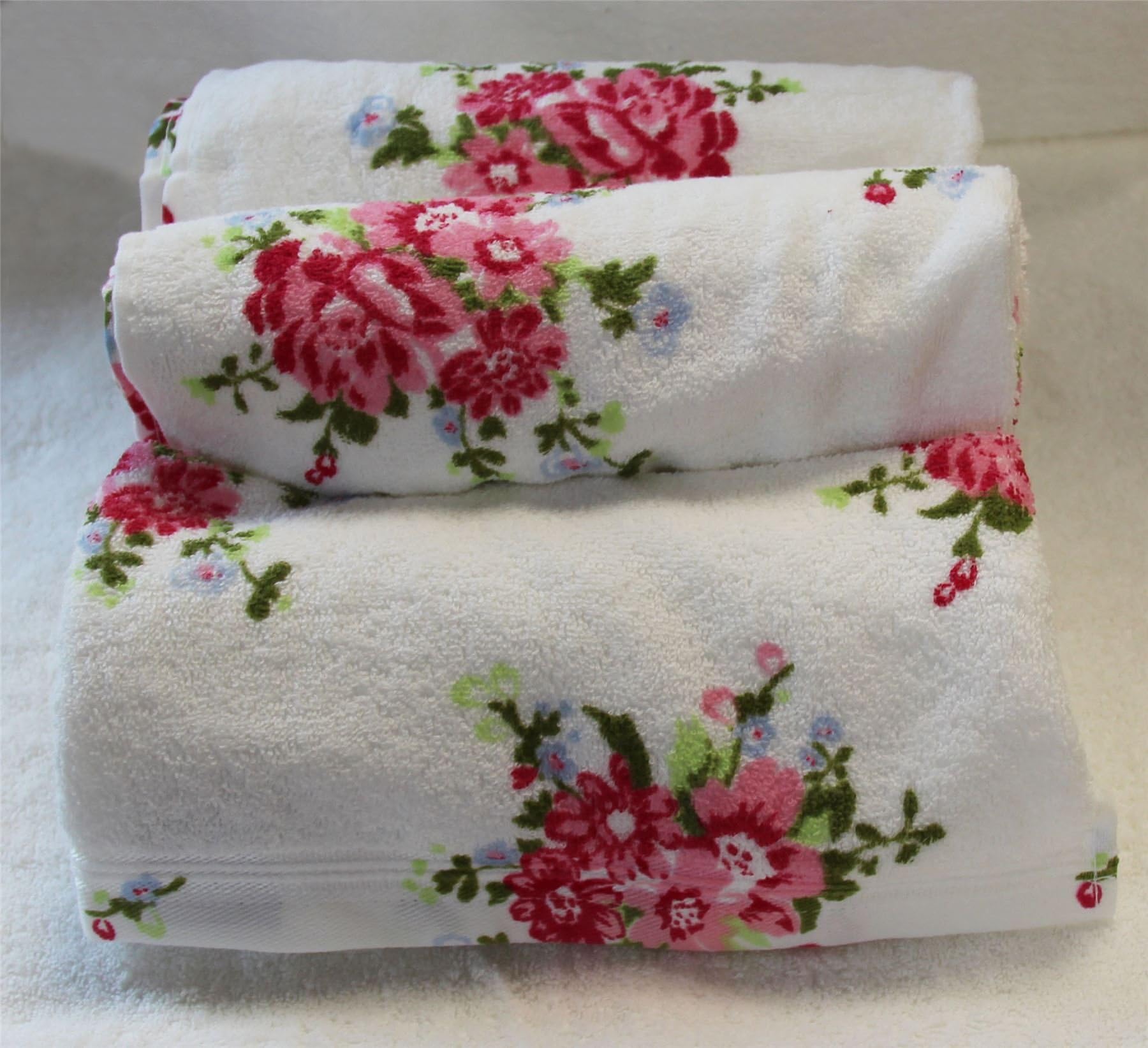 HOMESCAPES 100% Portuguese Cotton White Floral Bath Towels Set Pink, Green and Pastel Blue Design