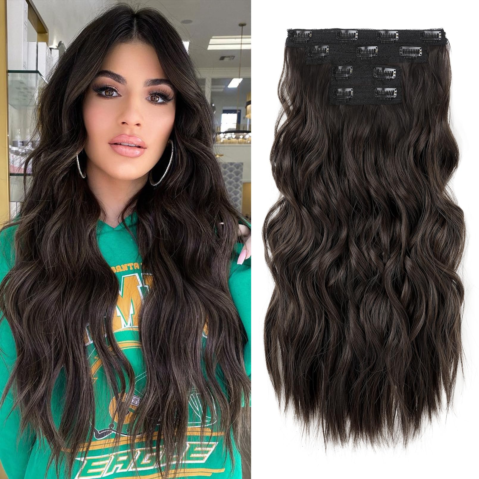 Photo 1 of REECHO Hair Extensions, 4PCS Clip in Hair Extensions 24" Thick Long Beach Waves Black Brown hair extensions HE003 Invisible Lace Weft Natural Soft Synthetic Hairpieces for Women – Black Brown