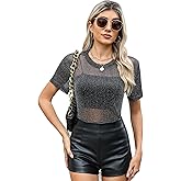 FEMLE Womens Nashville Mesh Sheer Sparkly Top Glitter Star See Through Tops Tee Shirt Short Sleeve Concert Rave Outfits