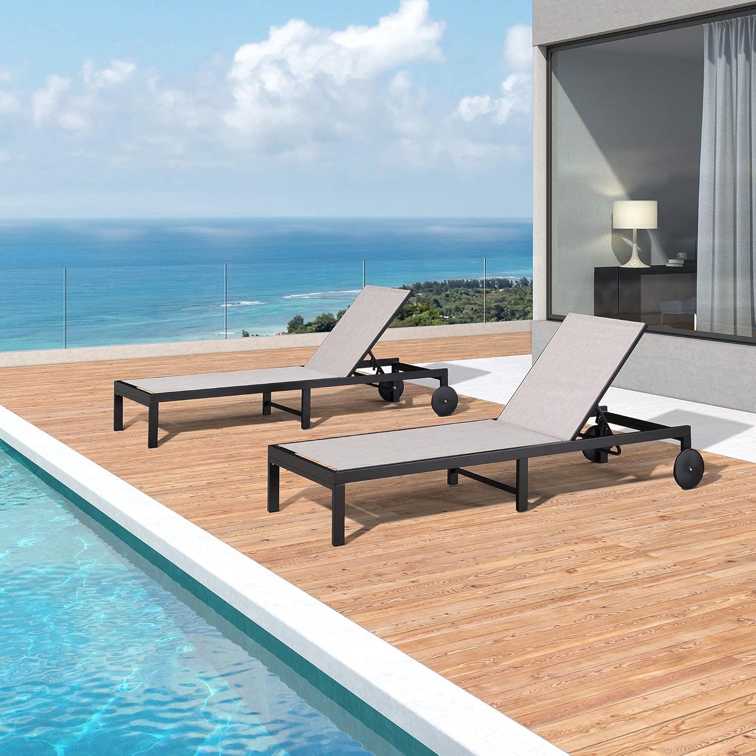 PURPLE LEAF Outdoor Chaise Lounge Chair Set of 2 Patio Adjustable Yard Reclining Beach Sun Bathing Lounger Lawn Pool Chairs All Weather with Wheels for Outside, Beige: Kitchen & Dining