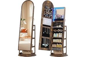 HWB LED Mirror Jewelry Cabinet, 360° Swivel Jewelry Organizer Standing, Arched Wide Full-Length Mirror with Storage Shelves, Interior Mirror, Wood Jewelry Armoire for Lady Girls, Brown