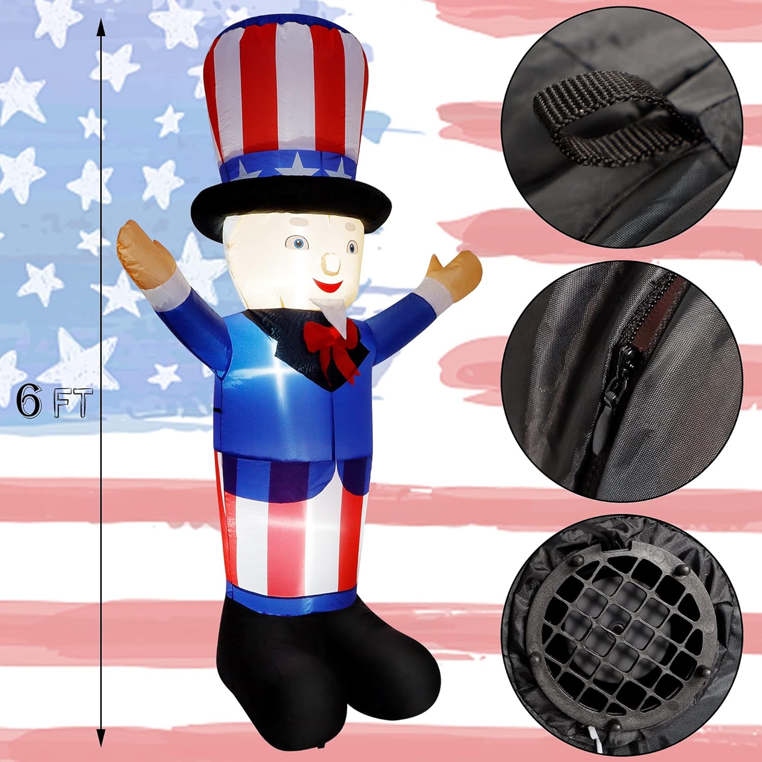 winemana 6 FT Giant Patriotic Inflatable Uncle Sam, Independence Day 4th of July Decorations, Built-in LED Lights, Perfect for Indoor Outdoor Holiday Home Celebration Garden Yard Photo Prop: Garden & Outdoor