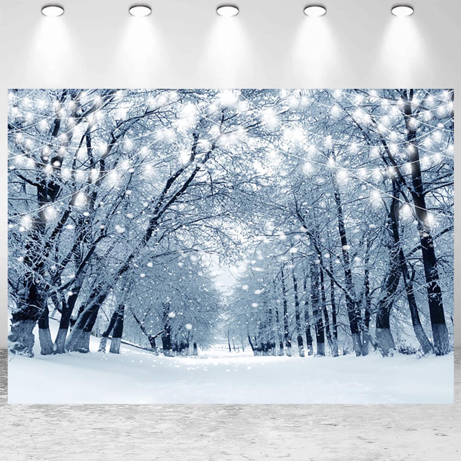 Photo 1 of 10x8ft Winter Photo Backdrop Snow Scene Winter Wonderland Snowflake Photography Background Bokeh Glitter Snowy Forest Trees Decorations Banner Portraits Wallpaper Photo Studio Props