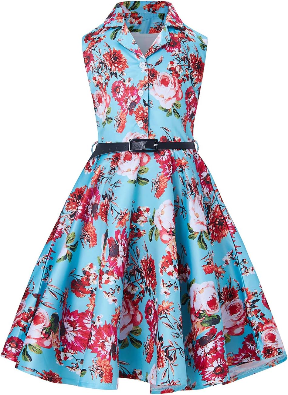 Spring Summer Girls Sleeveless A Line Vintage Retro Rockabilly Dress Evening Party Form Wedding Cocktail Ballet Occasion Swing Midi Floral Dresses with Belt