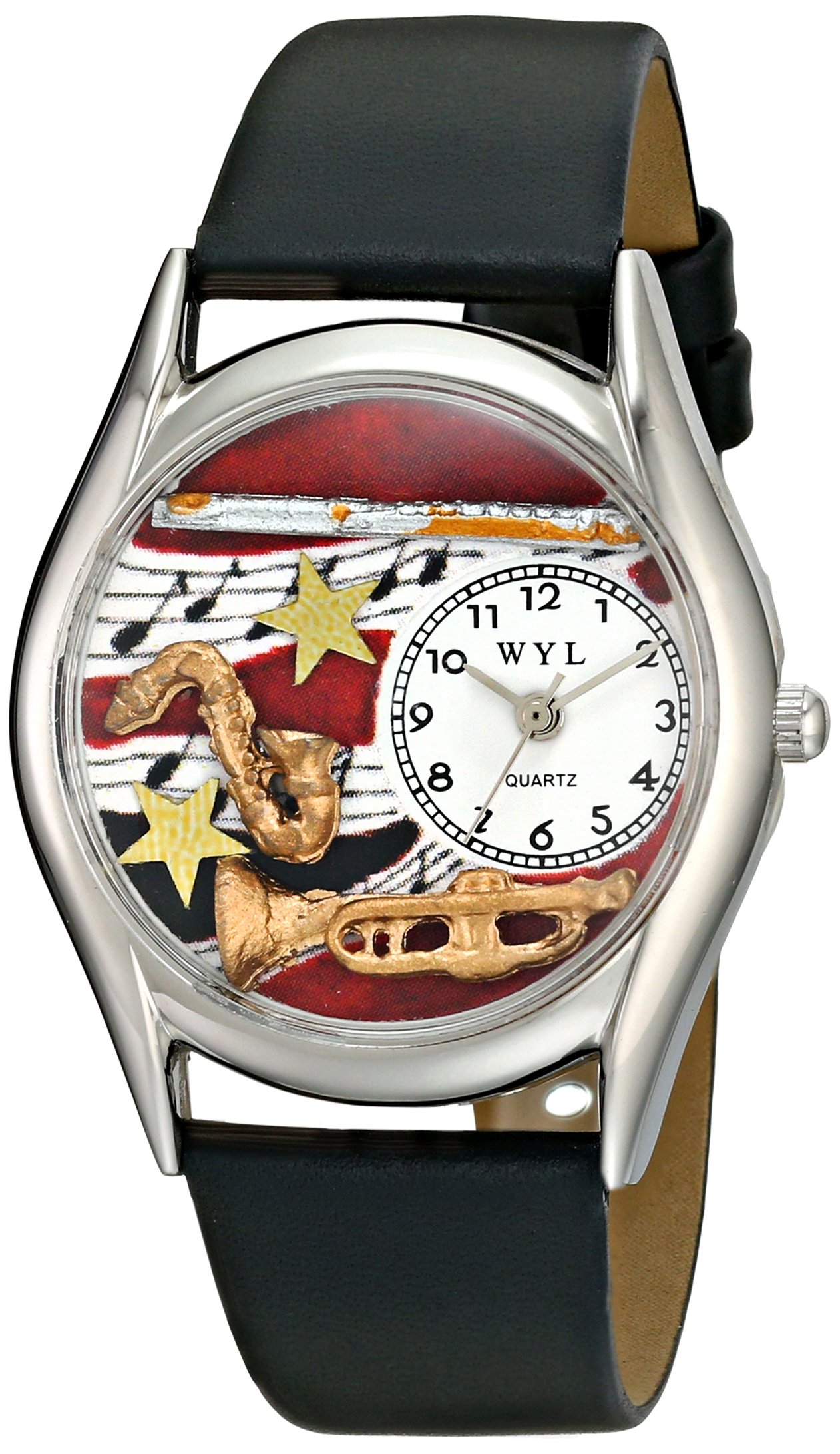 Whimsical Watches Wind Instruments Black Leather and Silvertone Unisex Quartz Watch with White Dial Analogue Display and Multicolour Leather Strap S-0510015