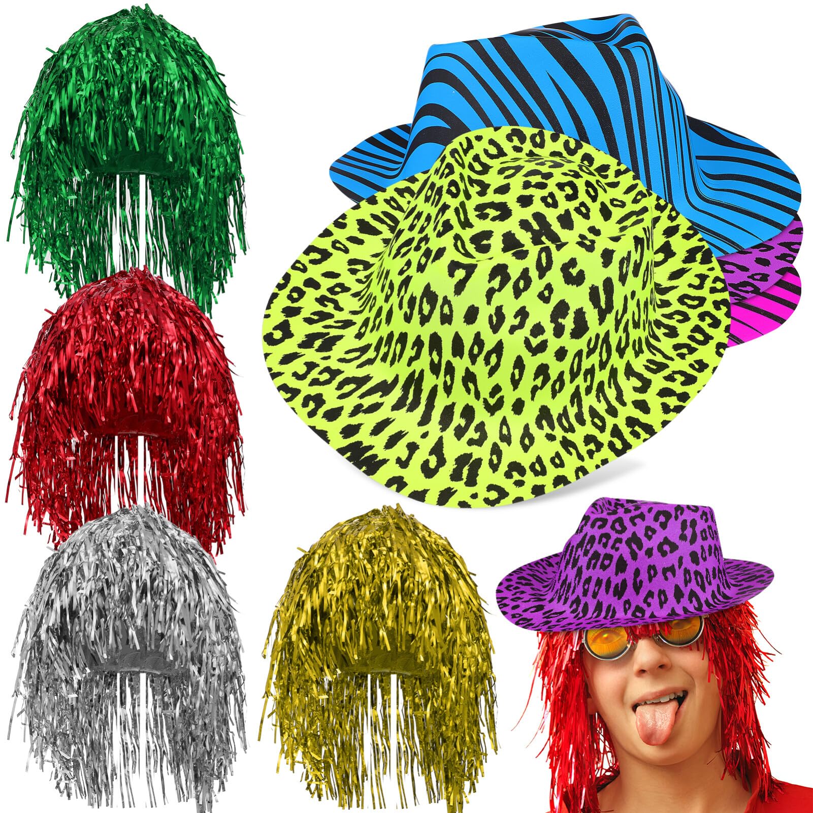 BESPORTBLE Neon Animal Print Plastic Party Hats & Metallic Foil Tinsel Wigs, Funny Photo Booth Props for Adults & Teens (Random Color)