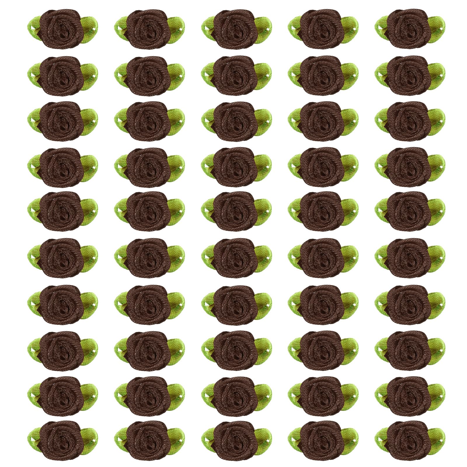 PATIKIL 15mm Tiny Satin Ribbon Rose, 100 Pcs Fabric Flowers Embellishments Rosettes Applique with Green Leaves for DIY Crafts Wedding Decor, Coffee