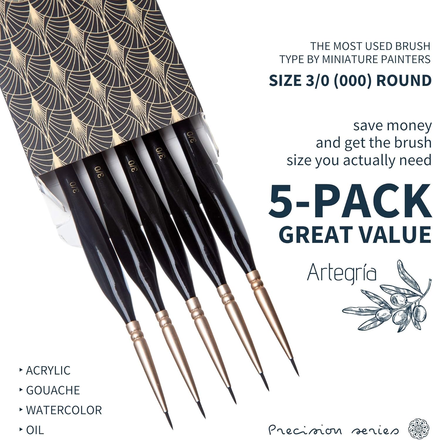 ARTEGRIA Detail Paint Brush Set - 5 Miniature Paint Brushes Size Round 3/0 000 with Fine Tips, Ergonomic Handle for Small Scale Army Model Art and Paint by Numbers for Adults - Acrylic Watercolor Oil
