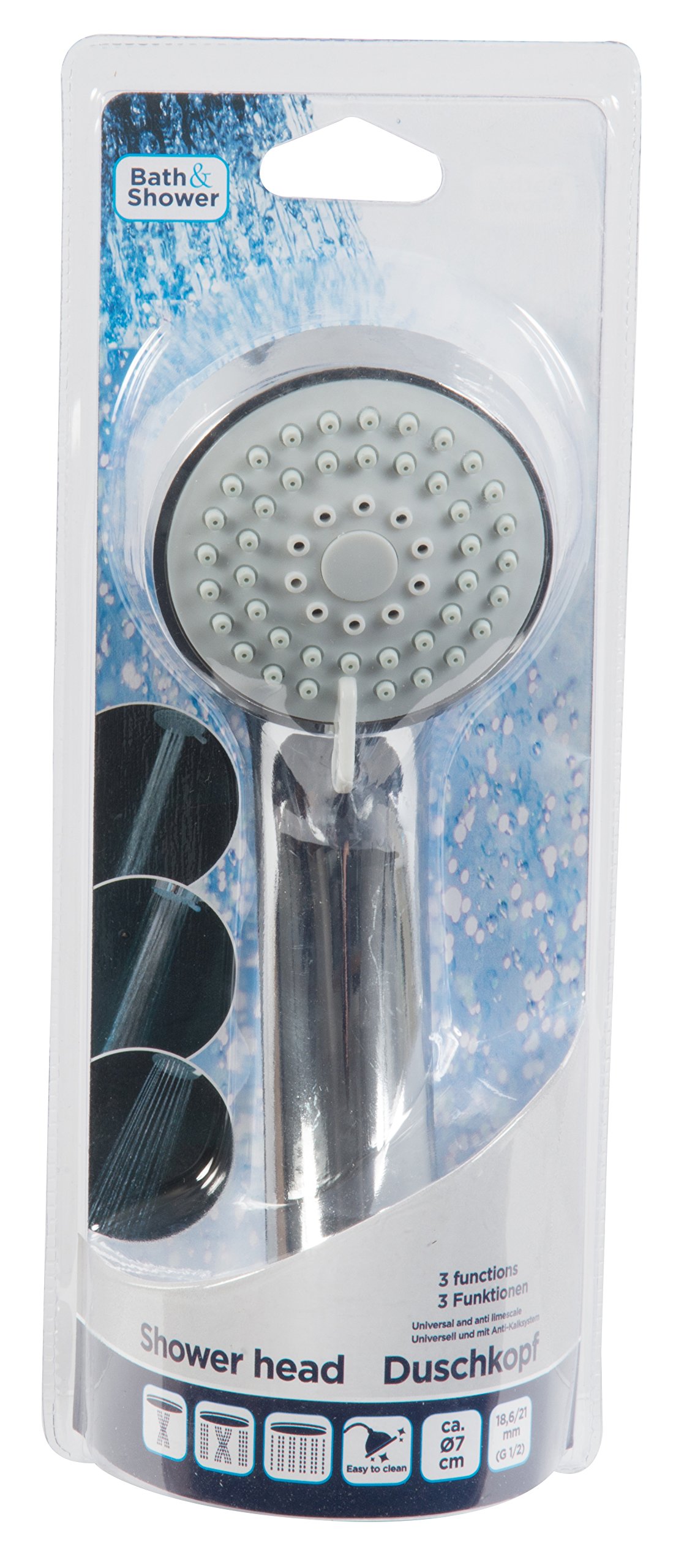 Universal Shower Head 3 Function Chrome Plated Anti-Limescale Rub Clean Nozzles