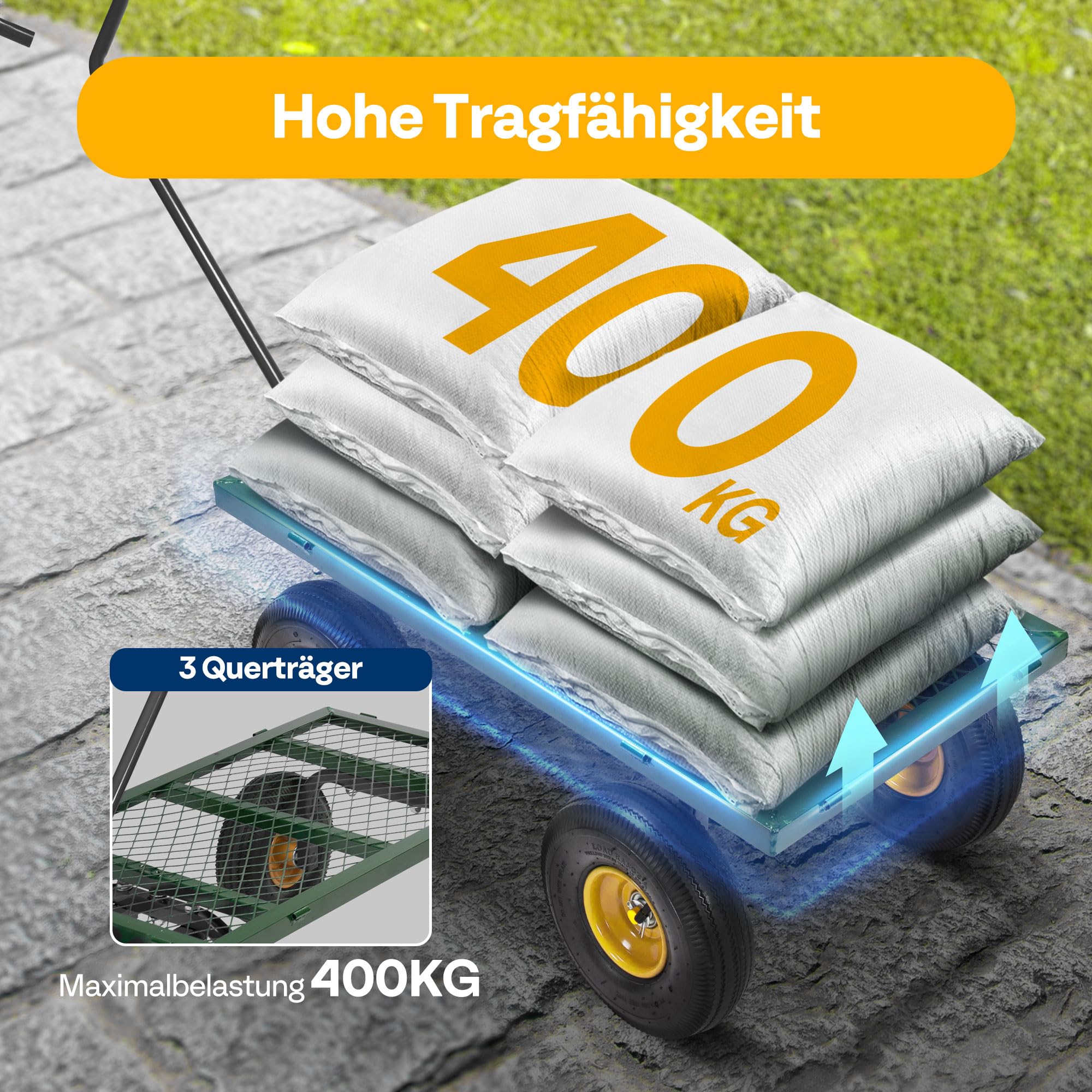 VIVOHOME Gartenwagen mit Abnehmbaren Seiten und Luftreifen, Belastbarer Transportwagen bis 400kg mit 180° Drehbarem Griff für Garten und Outdoor Einsätze 4